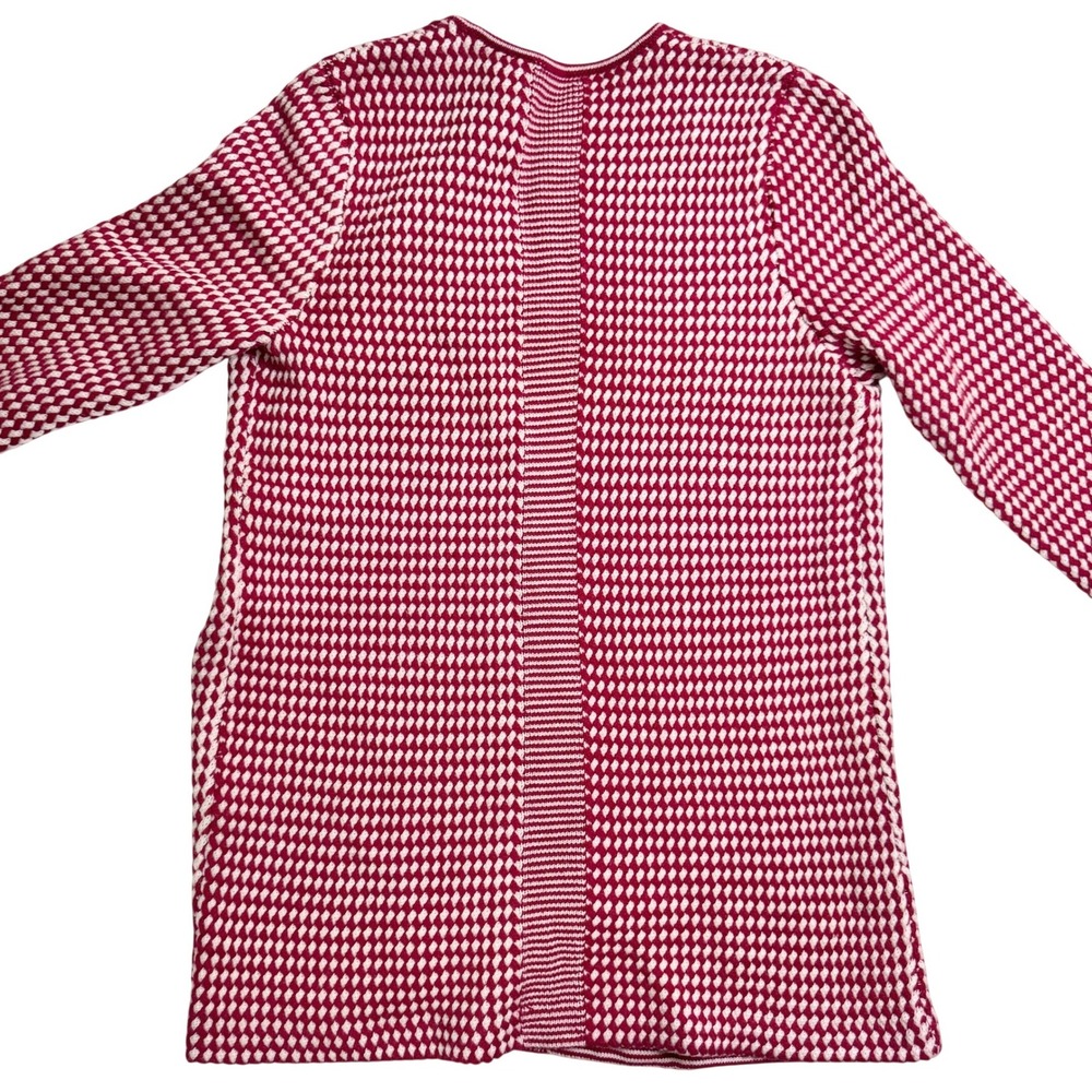 Talbots Longline Cardigan XL Red White Geometric Merino Wool Open Front Long - Picture 6 of 6